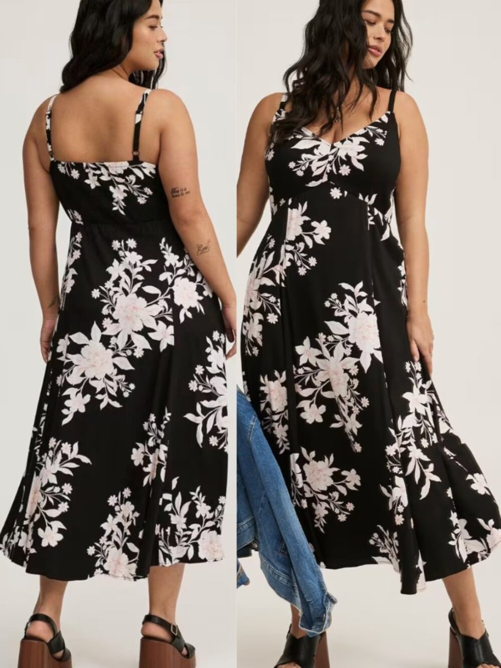 NEW NWT TORRID 0 Plus Size Tea Length Trapeze Dress Black Cream Pink Floral Midi